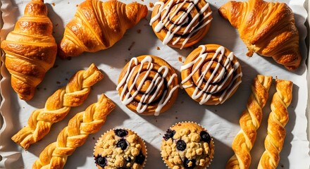 Golden pastries assortment: croissants, cinnamon rolls, muffins on parchment for bakery, breakfast, and food photography appeal