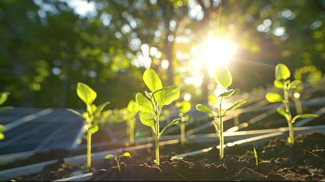 Close-up of young green seedlings sprouting from dark soil in rows backlit by a bright warm sunburst through out-of-focus trees