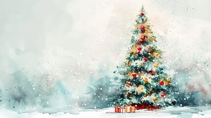 A watercolor painting of a decorated Christmas tree in a snowy winter scene. Festive holiday background with falling snow and copy space for text