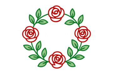 Rose flower wreath vector drawing creating a floral border frame with red roses and green leaves on transparent background