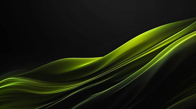 Abstract green wave on a black background. Elegant fluid motion with smooth flowing lines. Modern technology concept with copy space
