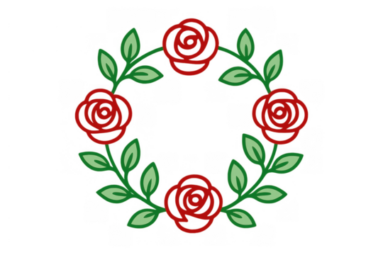 Rose flower wreath vector drawing creating a floral border frame with red roses and green leaves on transparent background - Powered by Adobe
