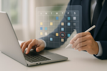 Obraz premium Business professional managing digital calendar and scheduling important events on laptop for efficient time management and productivity