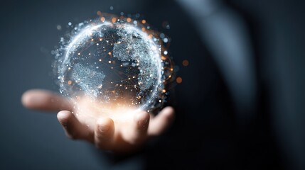 World in Hand: A conceptual image showcases a human hand cradling a digital representation of the world, highlighting connectivity, technology, and global networks.