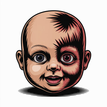 Creepy Doll Head With Uneven Eyes And Grinning Mouth