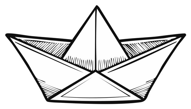 Ink drawing of a paper boat, childhood memories, origami art