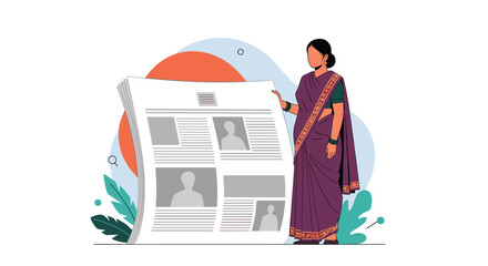 Indian woman in a traditional sari standing next to a giant newspaper or resume, representing job searching or news.