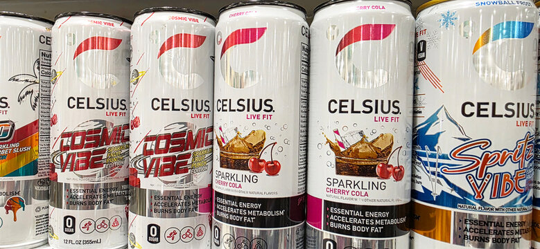 Celsius Sparkling Soda on grocery shelf.