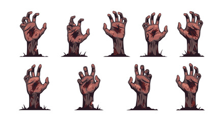 Spooky collection of pixel art zombie hands reaching out from the ground, perfect for Halloween graphics and retro horror video games.
