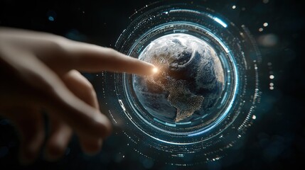 Digital Touch of Earth: A close-up view shows a hand delicately touching a digital representation of Earth, symbolizing connection, innovation, and global interaction.