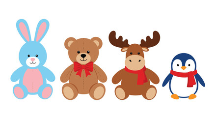 Obraz premium Cute collection of four plush toy animals including a blue rabbit, a teddy bear, a moose, and a penguin wearing winter scarves.