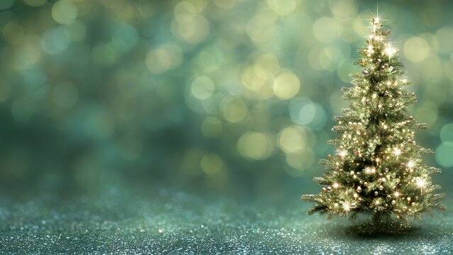 Elegant Christmas tree glowing with bright starburst lights, set against a shimmering emerald glitter surface and magical golden green bokeh background with ample copy space. - Powered by Adobe