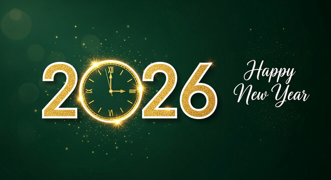 Elegant 2026 graphic with a gold clock on dark green, celebrating the new year, with a festive look and "Happy New Year" text, for holiday cheer