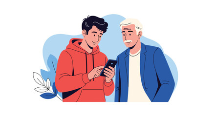 Fototapeta premium Young man patiently showing an elderly man how to use a smartphone, illustrating intergenerational help, technology, and learning.