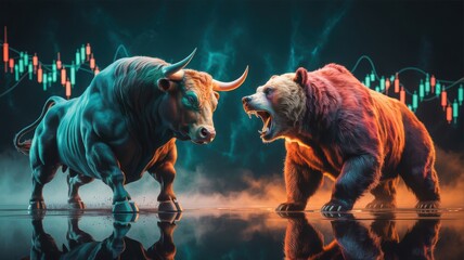 The financial market, represented by a bull and a bear facing each other. The scene is illuminated with vibrant colors