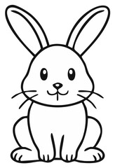 Fototapeta premium Cute sitting rabbit illustration in simple black and white line art style, smiling animal character.