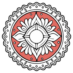 Symmetrical flower mandala in white lines on light red geometric background with dotted wavy border