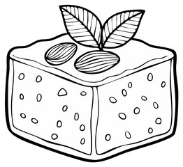 Detailed line art of sweet dessert with two almonds and leaves on top for coloring book illustration