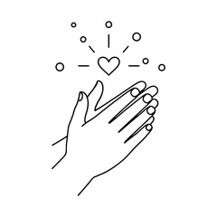Hands clapping with a heart above simple line art illustration