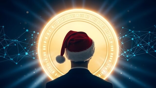 Festive season crypto insight concept with santa hat on back of business man