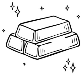 Hand drawn gold bars and stars outline, treasure wealth monochrome line art, finance investment