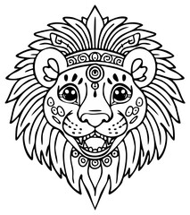 Adorable Lion Head Coloring Page Illustration with Intricate Tribal Patterns and Decorative Mane