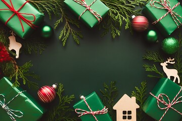 christmas background with christmas tree and balls Merry Christmas and Happy Holidays greeting card, frame, banner. New Year. Noel. Red and white Christmas decorations and g top view. Winter xmas holi