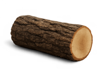 Wood log showing brown bark texture and circular saw cut section timber isolated on transparent background