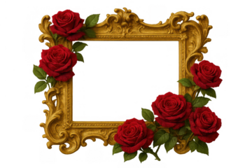 Ornate vintage golden frame with red blooming roses, elegant baroque border for romantic events on transparent background