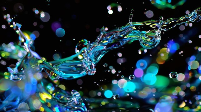 A dynamic splash of colorful liquid in motion. Abstract water flow with vibrant light reflections and bokeh on a black background