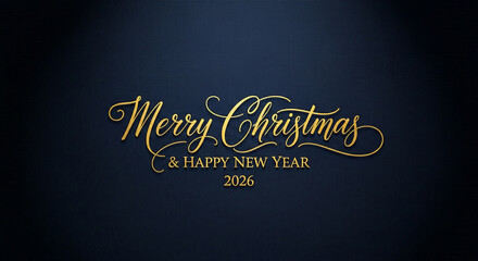 Golden script "Merry Christmas & Happy New Year 2026" on dark blue textile, symbolizing festive celebration, future event, and refined elegance