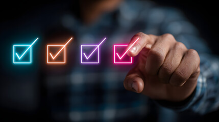 Digital Checklist Concept. A person interacting with a digital checklist featuring neon check marks on a futuristic interface, highlighting tasks and goals in a technologically advanced setting.