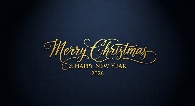 Golden script "Merry Christmas & Happy New Year 2026" on dark blue textile, symbolizing festive celebration, future event, and refined elegance