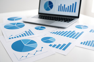 Business report concept with laptop and documents on desk showing blue data charts pie graphs and bar analytics for corporate statistics and planning