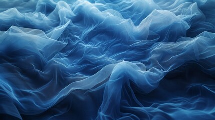 Abstract background of flowing blue translucent fabric. Soft wavy textile with a sheer mesh texture creating a fluid motion effect