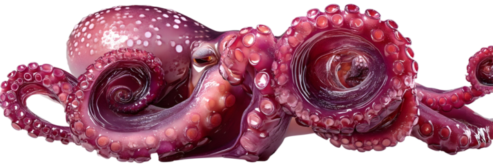 Realistic octopus tentacle curled end detail wet glossy texture visible suction cups vibrant deep pink and purple tones highly detailed skin surface natural lighting ultra sharp focus