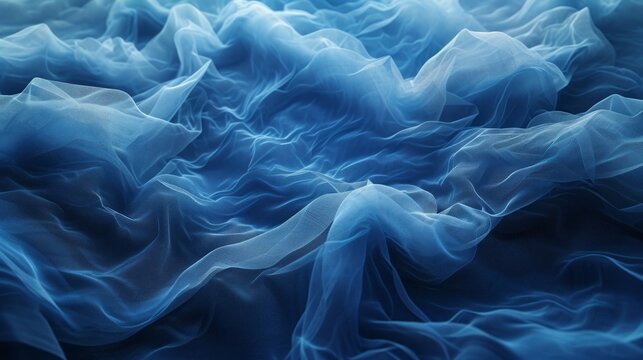 Abstract background of flowing blue translucent fabric. Soft wavy textile with a sheer mesh texture creating a fluid motion effect
