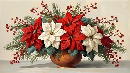 Vibrant oil painting with Christmas red and white Poinsettia flowers bouquet, evergreen branches and red berries
