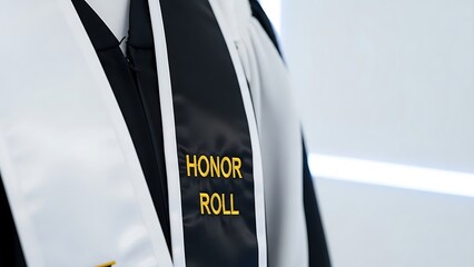 Close up of honor roll sash with black and white fabric and gold lettering detail