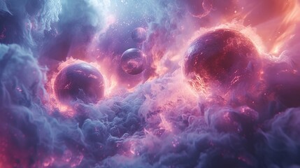 Glowing planets in a cosmic nebula of purple and pink clouds. Abstract fantasy space background with stars and galaxies. Science fiction universe creation