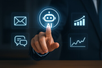 Businessman interacts with digital AI technology interface for data communication analytics and innovation in modern business strategy