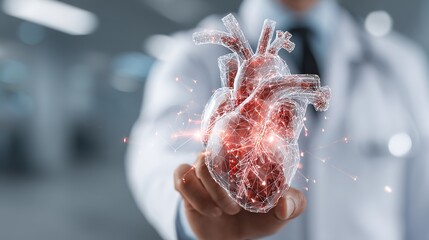 Healthcare's Core: A medical professional delicately presents an illuminated, digitized model of the human heart, embodying the complexities of health and the advances in medicine. 