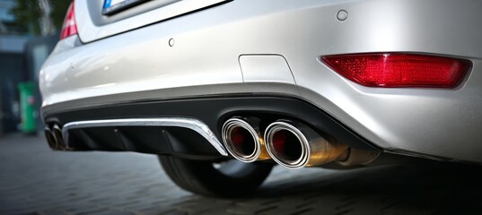 Fototapeta premium Close Up of a Modern Automotive Detailing Featuring Shining Metallic Silver Chrome Exhaust Pipe