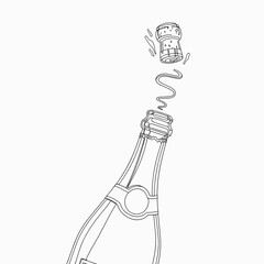 A celebratory champagne bottle with its cork popping open releasing bubbles and foam in a dynamic line art silhouette
