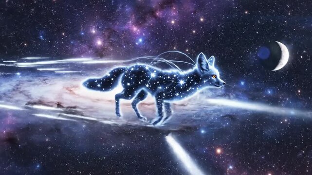 Magical cosmic fox leaping through starry galaxy universe