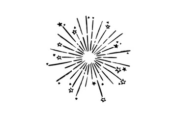 Black and white hand drawn starburst firework explosion with small star shapes isolated on transparent background