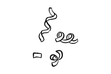 Hand drawn black and white sketch collection of various confetti and streamer shapes isolated on transparent background