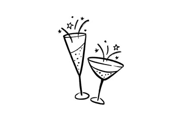 Two stylized cocktail glasses with stars and confetti celebrating a festive occasion, isolated on transparent background