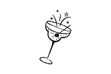 Hand drawn black and white sketch of a festive margarita cocktail glass with stars and sparkles, isolated on transparent background