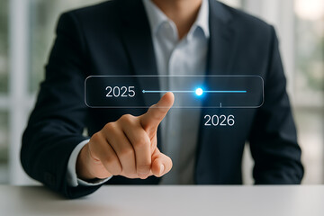 Businessman touching futuristic digital timeline interface showing transition from 2025 to 2026 innovation and technology concept